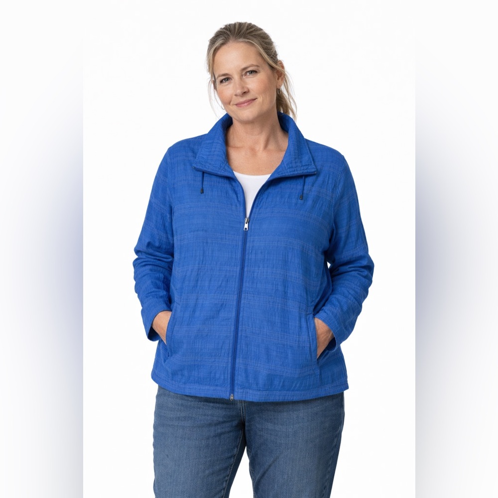 Breckenridge Petite Blue Textured Zip Up Jacket Women's PL Casual Comfort